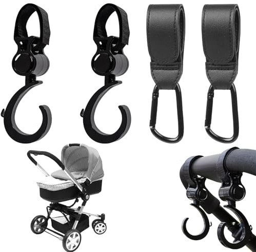 CUVZORA Juego de 4 ganchos para cochecito de bebé, gancho con mosquetón, organizador para bolsa de pañales y bicicleta, accesorios prácticos para ABC Baby, Bugaboo, Thule Chariot Cross 2 (negro)