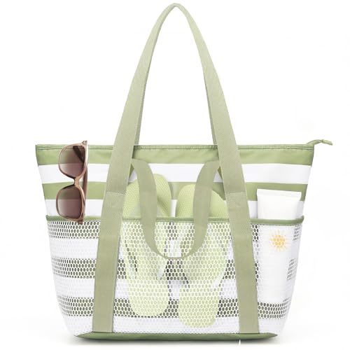 beifon Strandtasche XXL Familie mit Reißverschluss, Strandtasche Damen Große Wasserdicht Faltbar, Mesh Badetasche Beach Tote Bag Strand Tasche Shopper für Strand Reisen Urlaub (Grün, L)