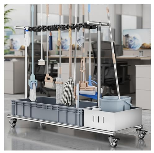 Mobile Mop And Broom Holder Cleaning Supplies Carts On Wheels Mop Bucket Garden Tool Organizer Broom Closet Storage Cabinet Mop Drain Rack Umbrella Stand For Home Garage(Onec-97Cm20Slots 24Hooks)