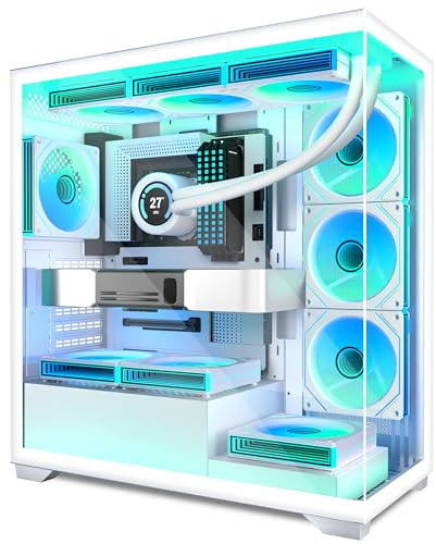 ANSAITE ATX PC Case 7 PWM ARGB Fans Pre-Installed, Mid Tower Computer Case with Full-View Dual Tempered Glass, Type-C Gaming PC Case,White,C9