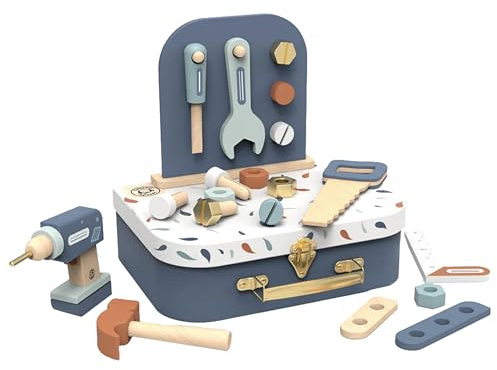 Speedy Monkey – Maletín para herramientas para niños de 3 años, fabricado en maleta, juguete de bricolaje de madera FSC con 19 accesorios y tabla para colgar – Juego de imitación y movilidad fina