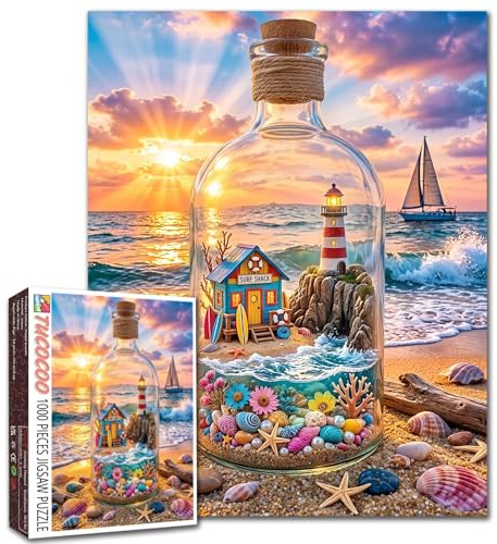 Puzzle de 1000 pièces Tucocoo pour adultes - Scène de bord de mer avec phare en bouteille en verre - Puzzle coloré de coucher de soleil océanique avec voilier - Art relaxant et stimulant - Dimensions