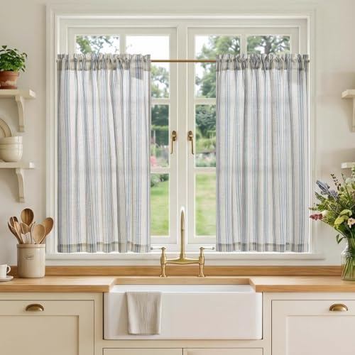 TOPICK Linen Look Kitchen Curtains, Cafe Curtains, W36 xL36 Blue Striped | 2 Panels Rod Pocket Light Filtering Curtains, Half Window Curtain 2 Drapes for Bedroom, Living Room, Cupboard Base, Sink