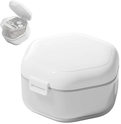 Boite Appareil Dentaire avec Passoire pour Nettoyage et Rangement, Boite Dentier Adulte et Enfant, Boite Gouttiere Dentaire Portable pour Prothèse Dentaire et Appareil Orthodontique, Blanc Ange