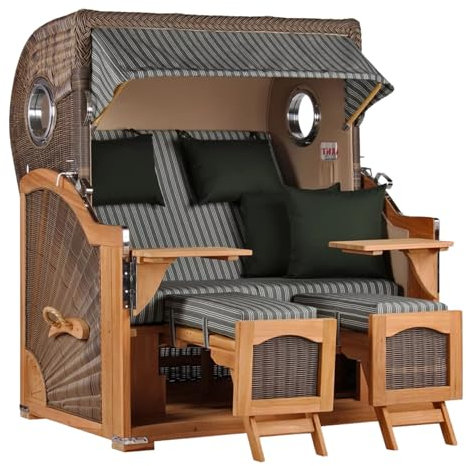 Strandkorb Teakholz Volllieger Strandstuhl Liegestuhl PE Geflecht Grey Düne Grand XL TEAK Dessin 504 Bullauge inkl. 4 Kissen Wechselpolster Strandkörbe aus Teak Garten Wintergarten und Terrassen