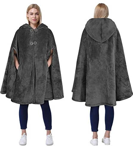 Catalonia Classy Women Hooded Poncho, Sherpa Fleece Cloak Coat, Soft Warm Snuggly Blanket Cape, Cozy Plush Wearable Blanket for Adult, Gift Idea for Adults and Teen Girls, Grey