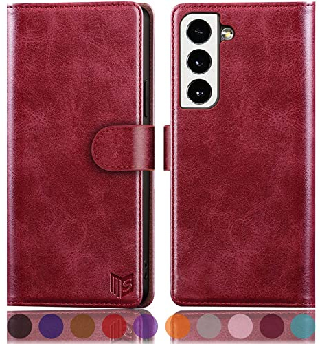 SUANPOT Coque Samsung Galaxy S22 RFID Blocage Magnétique Protection Fentes Cartes Portefeuille Housse Premium Cuir PU Rouge