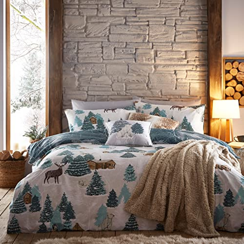furn. Arcticus Duvet Cover Set (Blue - King) | Reversible Woodland Cabin Winter Animals Easycare Polycotton Bedding