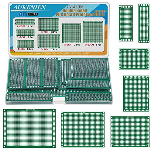 AUKENIEN 7 Werte 40 Stück PCB Board Prototype Lochrasterplatine Kit 2x8 3x7 4x6 5x7 6x8 7x9 8x12 Lochplatine Lochrasterplatte Doppelseitige Leiterplatte kompatibel mit dem Arduino Kits für DIY Löten