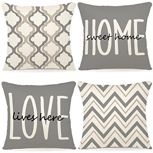 YCOLL Kissenbezug 40x40 4er Set Dekokissen Leinen Kissenbezüge Geometrische Muster Kissenhüllen für Sofa Schlafzimmer Couch Outdoor Kissen 40x40 Hell Grau