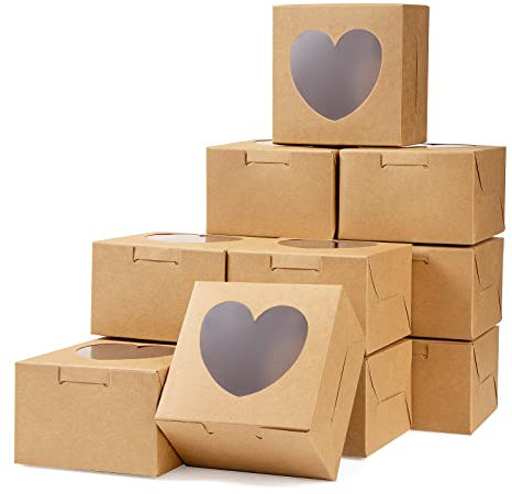 Geschenkbox Kraftpapier Klein Geschenkboxen Cupcake Box Papier Faltschachteln mit Sichtfenster Herzförmige für Kekse, Kuchen, Dessert, Geschenke 30 Stück 10 x 10 x 6.5cm