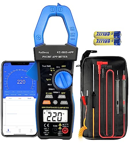 Clamp Mulitmeter 1000A Stromzange, Kethvoz Bluetooth Zangenamperemeter mit Datenprotokollierung Messen AC DC Strom Spannung Ohm, 6000 Count Strommessgerät Voltmeter Durchgangsprüfer