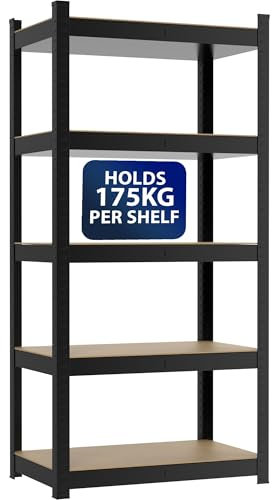 ZENO Garage Shelving - 5 Tier | Garage Shelving Unit | Heavy Duty Warehouse Racking Shelves | Metal Shelving Units | Industrial Racking | Holds 175KG Per Tier (Black, Regular)