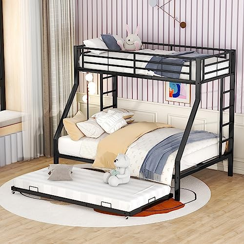 Idemon Litera de metal con cama extensible, con escalera en ambos lados para niños, adolescentes, adultos, fácil de montar, 90 (140) x 200 cm (negro), WX000124