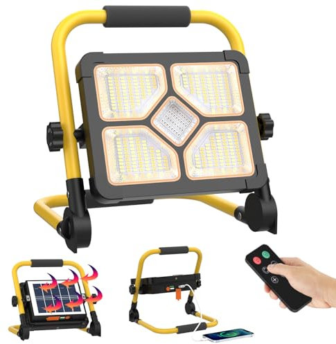 ERAY Rechargeable LED Work Light with Stand & Remote Control, 150W 10000LM Solar Portable Flood Light - 5 Dimming Modes/USB Output/Magnetic Bases, IP66 Waterproof Job Site Light for Camping Garage