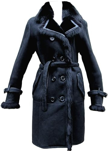 PELLI GOLD Manteau trench femme en cuir peau lainée 100% peau de mouton retournée véritable et parements en renard noir véritable - Taille 40 (L)
