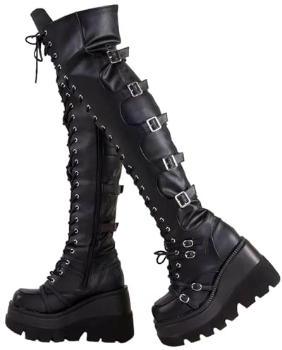 EGSDMNVSQ Cuissardes bottes à plateforme pour femme bottes d'hiver noires gothiques punk à lacets bottes hautes à fermeture éclair bottes longues avec talon bloc bottes à tige longue