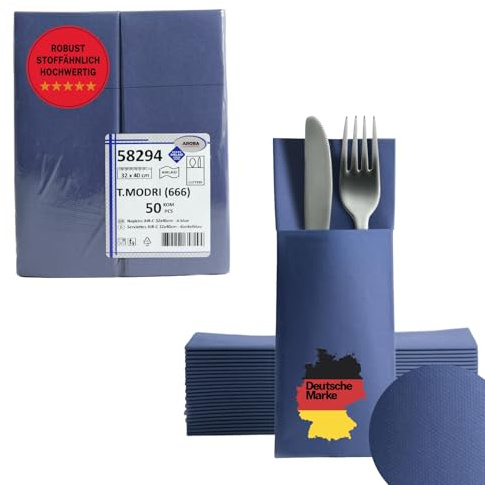 AROBA 100 x Airlaid Cutlery Napkins (Blue, 32 x 40 cm), High-Quality Napkin Pockets, Ready-Folded Cutlery Pockets, Fabric-Like Airlaid Napkins