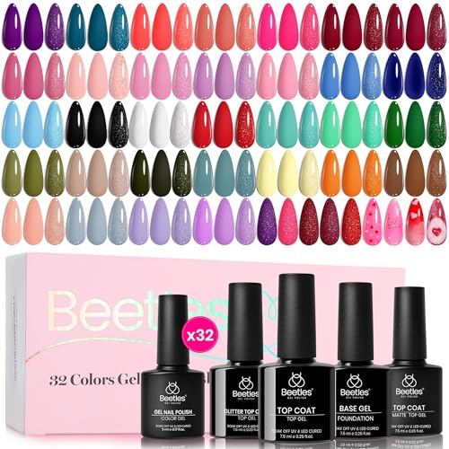 Beetles - Juego de 36 esmaltes de uñas de gel para primavera y verano, colores con base y capa superior rosa, verde, azul, morado, negro, blanco, burdeos