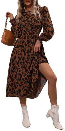 fdsmall Women's Long Sleeve Leopard Print Retro Crew Neck A Line Flowy Casual Midi Dresses Tie Waist Swing Cute Going Out Dresses (UK, Alpha, M, Regular, Regular, Yellow)