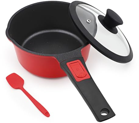 Bobikuke 2 Qt Saucepan with Lid, Non Stick Sauce Pan with Lid, Milk Pot & Sauce Pot & Small Saucepan with Pour Spout, Detachable Handle Milk Pan, Mini Cooking Pot Induction Compatible, Oven Safe