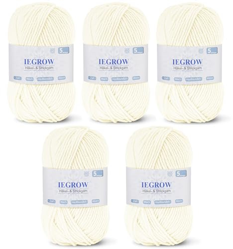 Handstickgarn 250 g, virkgarn, akrylgarn för stickning, virkgarn för nybörjare, lämpligt för stickning, virkning och handarbete, mjukt och bekvämt (5 x 50 g) mjölkvit
