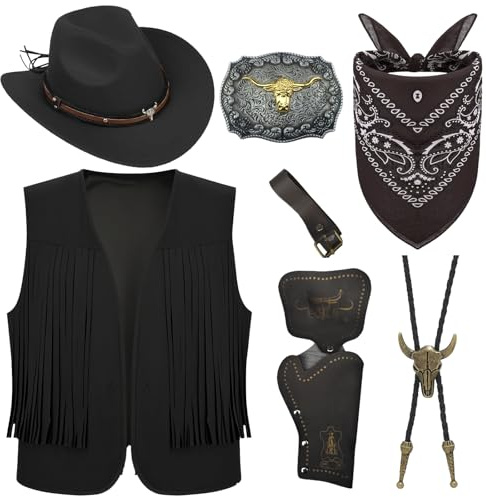 Set di 7 accessori da cowboy Fancy Dress per uomo, costume da cowboy occidentale con cappello, gilet nappa paisley bandana western bolo fibbia cintura fondina per carnevale fancing cosplay, Nero , M