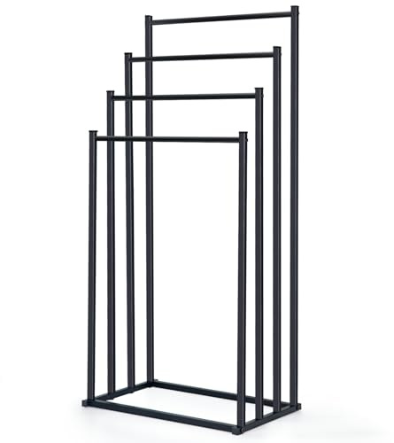 OWLKELA 4 Tier Freestanding Towel Rail, Metal, Black | Towel Drying Stand, Towel Storage Rack, Metal Towel Rack for Bathroom, Bedroom, Balcony