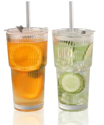 Taylor & Brown 600ml Ribbed Glass Cup with Lids and Straws, 2 Pack Leakproof Glass Tumbler, Iced Coffee Cup Large Capacity, Clear Tumbler Cup for Iced Latte, Smoothie, Matcha, Cold Drinks