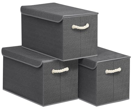 SONGMICS Aufbewahrungsbox mit Deckel, 3er Set, klappbar, Stoffboxen, Aufbewahrung, Organizer, für Kleiderschrank, Griffe, für Schlafzimmer, Wohnzimmer, 50 x 30 x 30 cm, schiefergrau RFB050GZ01