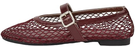 Ballerine da donna a rete con cinturino con fibbia, comode, per uso quotidiano, Rosso vinaccia, 42 EU