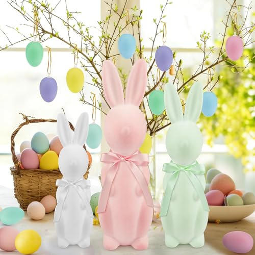 Letsroar Easter Bunny Decor Set - 3 Pack Pastel Flocked Bunny(10, 13, 15),12 Plastic Easter Eggs & Green Grass, Spring Table Centerpiece Decor for Indoor Home Party Decor