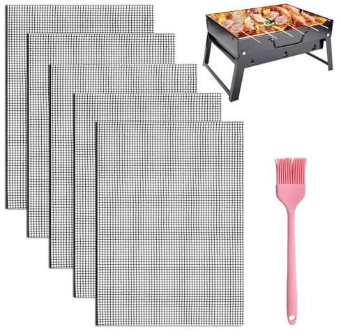 5 stycken 40 x 30 cm non-stick grillmattor för airfryer med silikonbakborste, grillmatta för gasgrill, återanvändbar teflon, bakmatta, grillmatta, dörr, träkol, varmluftsfritös, kolgrill