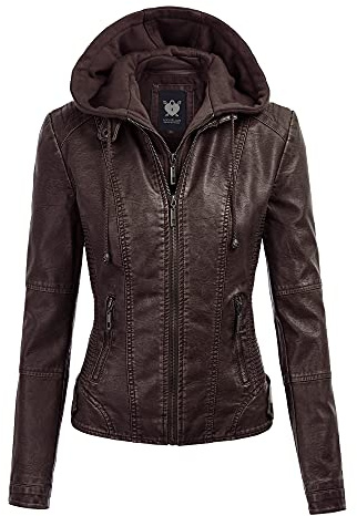 Lock and Love LL WJC1044 Women’s Faux Leather Moto Biker Jacket with Removable Hood – Zip Up Short Coat with Pockets, Fall Fashion Outerwear M Coffee