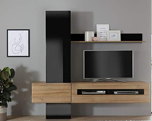 Beauty.Scouts Wohnkombination Ruby VIII schwarz/Grandson Oak hell Dekor 210x200x38-48cm Wohnzimmermöbel Anbauwand TV-Wand TV-Element Wohnzimmerschrank Stauraum