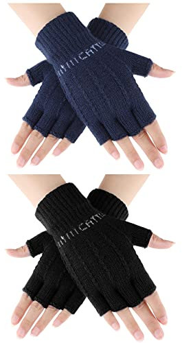 Geyoga 2 Paar Halbfinger Strickhandschuhe Gestrickte Fingerlose Fäustlinge für Unisex Männer Frauen, Gemeinsame Größe