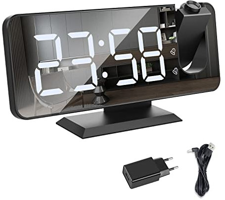 Exmate Sveglia con Proiettore, Schermo a LED a Specchio da 7.5, 4 Luminosità, Doppio Allarme con Porta USB, Sveglia Digitale con Proiettore ultra trasparente (Nero con Adattatore)