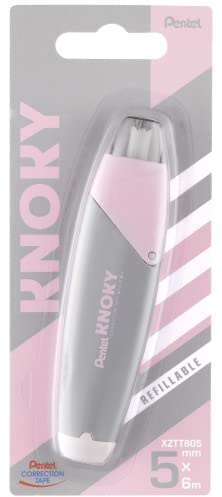 Pentel XZTT805N-WY Knoky korrigeringsband med tryckmekanik, ergonomisk form, påfyllningsbar, längd 6 m, bredd 5 mm, husfärg grå, 1 st i blisterförpackning