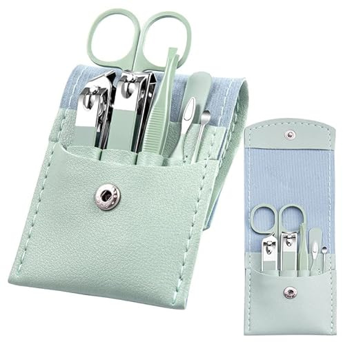 Manicure Set Nail Kit - 7 Pcs Travel Nail Clippers with Green Leather Bag