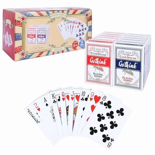 GOTHINK 12er Pack Spielkarten Standard – 6 Rote & 6 Blaue Decks, Blaukern Papier Kasino Qualität, Ideal für Familienspiele & Poker, Texas Holdem, Poker, Blackjack, Bridge