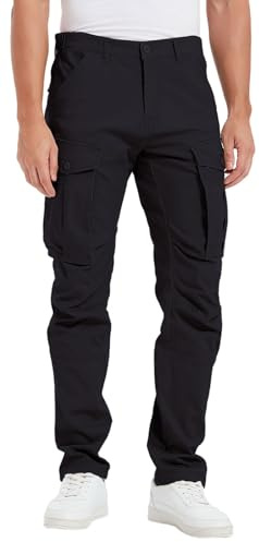 Plaid&Plain Men's and Women's Black Cargo Pants - Slim Fit, 3D Shape, Articulated Knees, Stretchy Fabric C804 Black 30WX34L