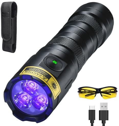 DARKDAWN High Power UV 395nm Flashlight USB Rechargeable, 3 LEDs Ultraviolet Flashlights Handheld,20W Mini Black Light Woods Lamp, Resin Curing, Spot Scorpions,Detector for Pet Dog Urine