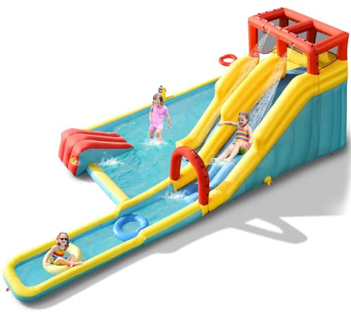 LIFEZEAL Castillo Hinchable Acuático para Niños, Parque Inflable con Doble Tobogán, Casa Infantil de Rebote con Pared de Escalada, Pistola de Agua, Anillos de Natación para 3-10 Años (sin soplador)