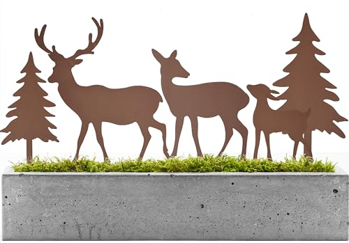 Gartenstecker Weihnachten Hirsch Deko, 2er Set Deko Rehe und Hirsche mit 2 Tannen, Weihnachtsdeko Roststecker Weihnachten, Gartenstecker Rost Metall Wetterfest, Gartendeko Rost Deko Baumstecker
