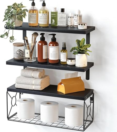 Pipishell Estantes flotantes con cesta de alambre, estantes flotantes de madera de paulownia para organización del hogar y decoración de pared para baño, cocina, sala de estar, oficina,