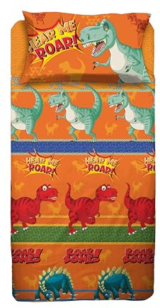 hermet Dinosaurier, Bettwäsche-Set für Einzelbett, Einzelbett, Bettlaken, Spannbettlaken, Kissenbezug, 100% Baumwolle, Orange