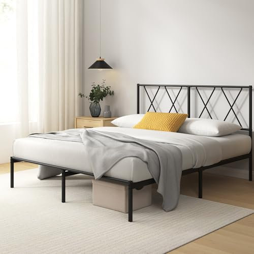 Zinus Cama Elias 135x190 cm - Somier de Metal con cabecero - Altura 30 cm - Cama con somier de láminas de Metal - Fácil Montaje - Espacio de Almacenamiento Debajo de la Cama - Negro