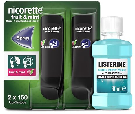 NICORETTE Fruit & Mint Spray mit minzigem Fruchtgeschmack & Listerine Cool Mint mild 80ml – Rauchen aufhören mit Nikotinspray und Mundwasser