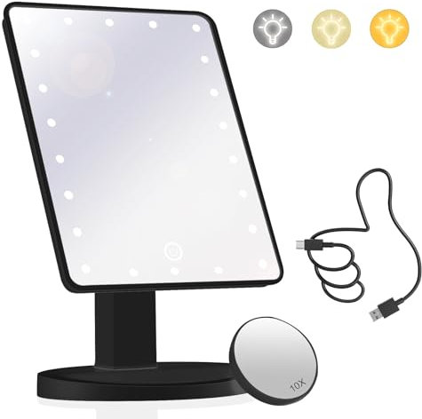 Makeup Vanity Mirror with Lights and 22 LED Lighted Makeup Mirror, Detachable 10X Magnification, Adjustable Dimming Touch Sensor, Dual Power Supply, 270° Rotation, Portable Cosmetic Mirrors - Black