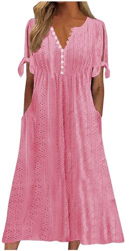 KUIH Summer Dresses for Women UK Loose Casual Maxi Dress Short Sleeve V Neck Tunic Flowy Pleated Beach Sundress Plus Size Ladies Boho Dress Holiday Essentials A Line Bridesmaid Dresses